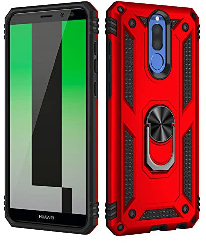 BestST Funda para Huawei Mate 10 Lite + HD Protectores de Pantalla,con Anillo Soporte 2in1 Dura PC Suave TPU Silicona Carcasa Híbrido Armadura Bumper Case Cover para Huawei Mate 10 Lite Rojo