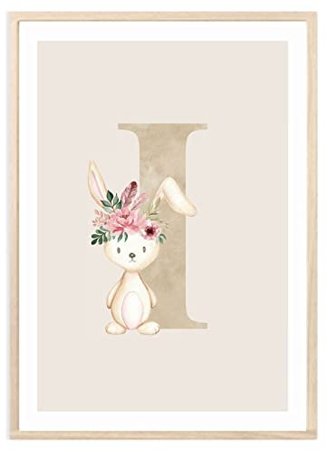 MeinBaby123® Buchstaben Poster DIN A4 Kinderzimmer Mädchen und Junge | Babyzimmer Deko | Bilder Kinderzimmer | Geschenkideen zur Geburt | Geburtsposter | Anfangsbuchstabe Poster I (Hase - I)