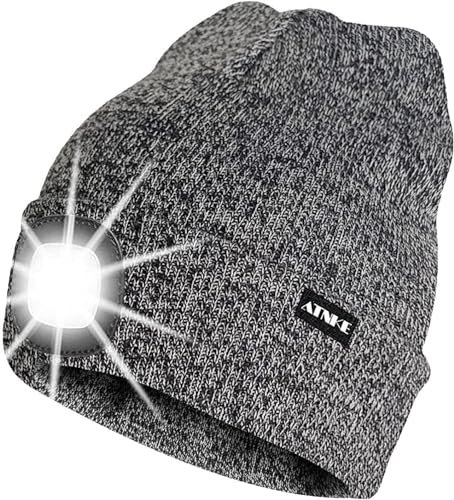 ATNKE LED Beleuchtete Mütze,Wiederaufladbare USB Laufmütze mit Licht Extrem Heller 4 LED Lampe Winter Warme Stirnlampe für Herren und Damen Geschenke/Blended Black White
