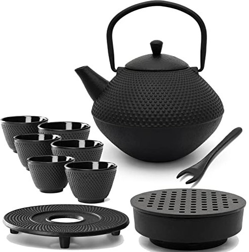 Bredemeijer Asia Gusseisen Teekanne Set 1.0 Liter mit Edelstahl Tee-Filter Sieb-Einsatz - Teewärmer & 6 Becher (Tassen) & Untersetzer & Deckelheber - 10-teiliges Teeset für losen Tee