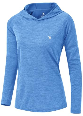 donhobo Damen Laufshirt Langarm Sportshirt Schnelltrocknend UV Schutz Hoodie Pullover T-Shirts Yoga Training Gym Tops mit Daumenlöcher (Tiefes Seeblau, L)