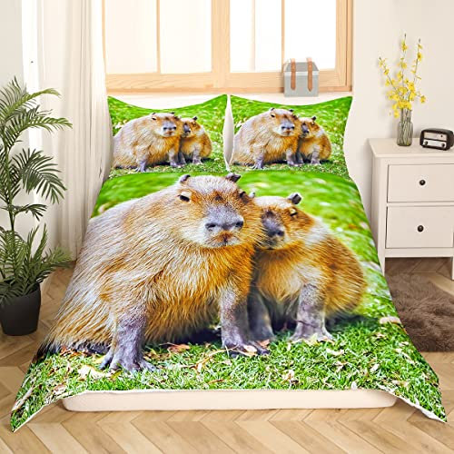 Kinder Capybara Bettwäsche 155x220,Nette Capybara Bettbezug für Jungen Mädchen,Lustige Nagetiere Tiere Bettwäsche Set Rustikale Natürliche Habitat Landschaft Bett Set,Geschenke für Capybara Liebhaber
