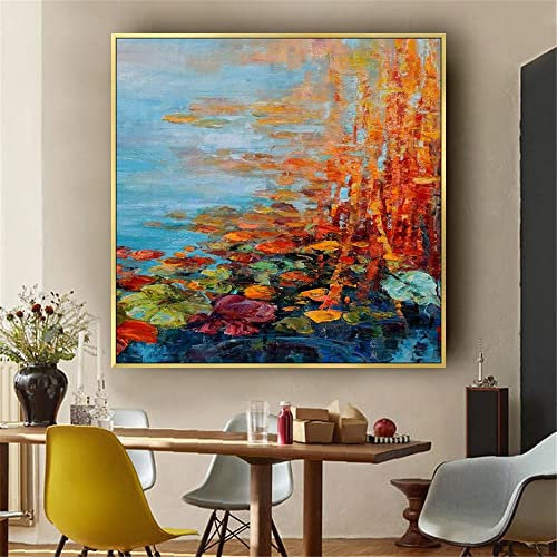 YMXCNM Ölbilder Auf Leinwand Handgemalt, Moderne Abstrakte Kunst Acrylmalerei 100% Handgemalte Herbstlandschaft Mit Lotusteich Wandkunst Extra Große Rahmenlose Coole Gemälde Wohnkultur Für Wohn