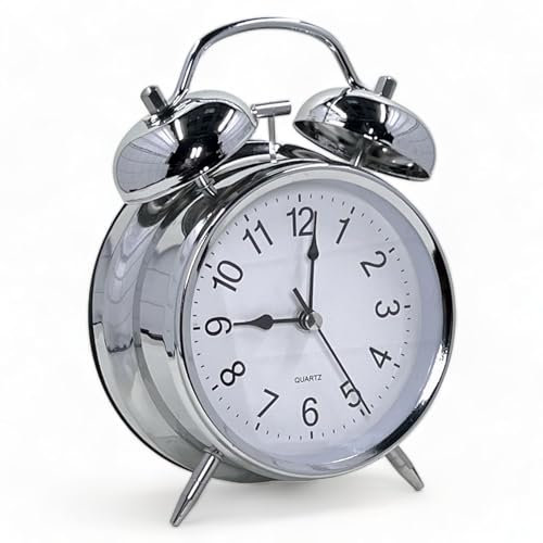 MIJOMA – Eleganter Retro Glockenwecker, Analog Quarz Wecker aus Metall/Kunststoff, mit LED-Nachtlicht und Doppelgong-Funktion, ideal als Tischuhr, Batteriebetrieben (Chromfarben - Zifferblatt 2)