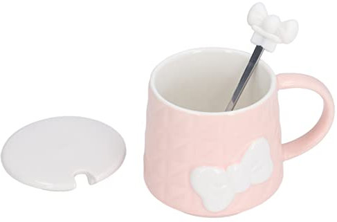 Tazza da caffè in Ceramica con Fiocco Carino da 400 Ml con Fiocco in Ceramica, tè, Latte, Tazza da caffè con Coperchio, Cucchiaio in Acciaio per Regali Natalizi a Casa, Rosa da