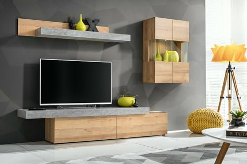 All4All Wohnwand Kati - Wohnzimmermöbel - Schrankwand für Wohnzimmer - Wohnzimmerschrank - Anbauwand Klein - Betonfarbe - Riviera Eiche - Modern 21