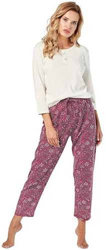 Mademoiselle Sommeil Damen Schlafanzug | 2-Teiliges Pyjama Set mit weißem ¾ Arm Oberteil & dunkelroter Langer Hose mit weißem Allover-Druck | 100% Baumwolle