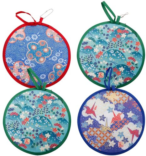 Tabanzhe 4 PCS Japanese Style Round Folding Handheld Fan,Summer Cooling Pop Up Fan,Beautiful Patterns Manual Fan,Wedding Party Home Decor Personal Decoration(Random Color)
