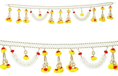 Decorative Toran Door Hanging Artificial marigold mogra flower beads Bandanwar Beads Wall Hangings for Main Door Entrance Living Room Valance New Year Home Decor Decoration(Size-40X7)(white,yellow)