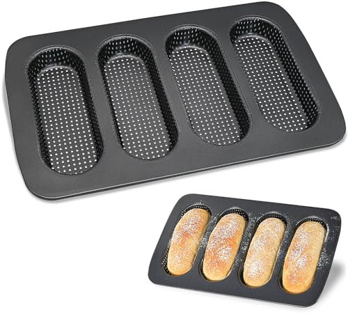 MEIYAXINWIN Molde para Baguette, Bandeja de Hornear con Agujeros, Molde para Pan Antiadherente, Molde de Acero al Carbono para Hot Dogs, Pan y Bollos (Negro)