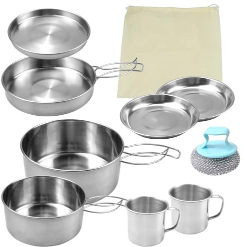 burkfeeg Kit De Casseroles De Camping, 9 Pièces, Casserole Empilable Camping,Popote De Camping INOX, 2-3 Personnes, Casseroles Et Poëles De Camping, pour Pique-Nique, Camping, Randonnée