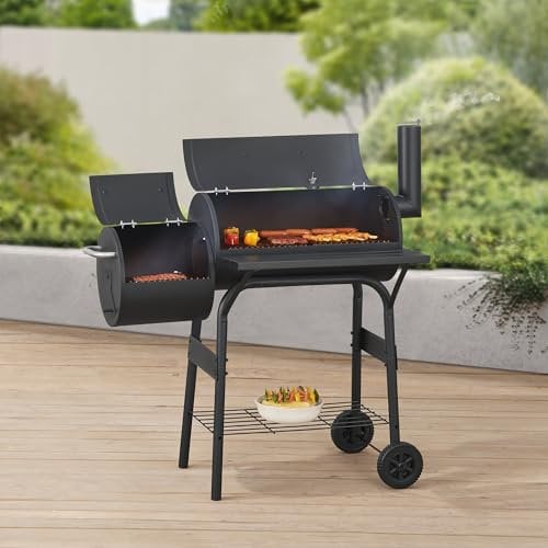 casa.pro Ahumador Barbacoa Smoker Portátil Barbacoa de Carbón con 2 Cámaras 2 Ruedas con Estantes Termómetro Salida de Aire y Chimenea Asa Acero Inoxidable 115 x 110 x 64 cm - Negro