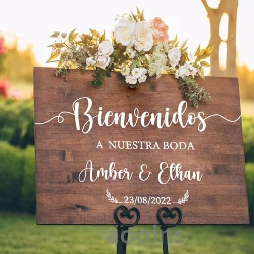 Personalisierte Hochzeits-Vinylaufkleber, Willkommensschild Hochzeit-Spiegeltafel-Aufkleber, Bienvenidos A Nuestra Boda-Schild, Individuelle Party-Aufkleber Aus Vinyl, Personalisierter Rustikaler,(Dbl