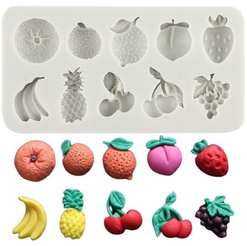 MINFEIDMS Moule en silicone en forme de fruits, banane, citron, carotte, raisin, fraise, cerise, chocolat, fondant, pour décoration de gâteaux, cupcakes, pâte à sucre, pâte à sucre, pâte polymère