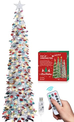 HMASYO Albero di Natale Artificiale a Paillettes 180cm con 100 Luci a LED Timer e Telecomando, Montaggio Istantaneo, Alimentazione USB - Decorazione per Interni Casa, Appartamento, Veranda, Feste