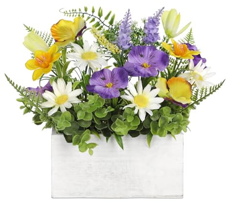 Arborus Artificial Flowers in Wooden Pots 19CM Fake Pansy Floral Arrangements Potted Yellow Spring Flowers with Fern Table Decorations Centrepiece for Indoor Home Wedding Window Sill Decorations