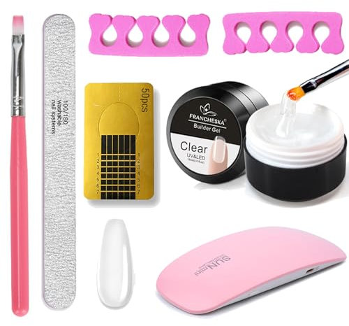 Clear Builder Nail Gel, Builder Gel for Nails Nail Extension Gel UV/LED Nail Base Building Gel for Nail Repair Extension & Modeling Strengthening Nail Art Decoration (15ml) (Clear Color Lamp Set)