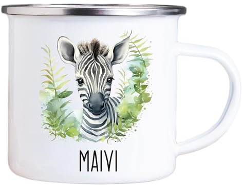 4youDesign Emaille Tasse Kinder personalisiert – Zebra Blume – Tier Namenstasse – Geschenk für Jungen & Mädchen – Bruchsicher & Leicht – Geschenkidee zur Einschulung & Geburtstag - 300ml