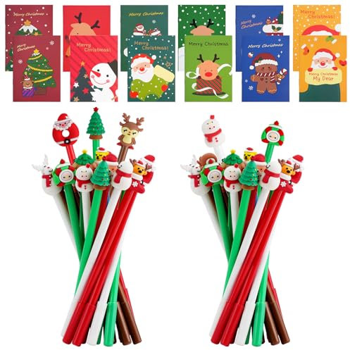 26 Pcs Penne Natale con 12 Pcs di Mini Quaderno Carino, Penne Gel Natalizie Nero in 26 Stile Cartone Animato, Regalini Natale Liscio RollerBall Penna a Sfera Pupazzo per il Regalo di Partito