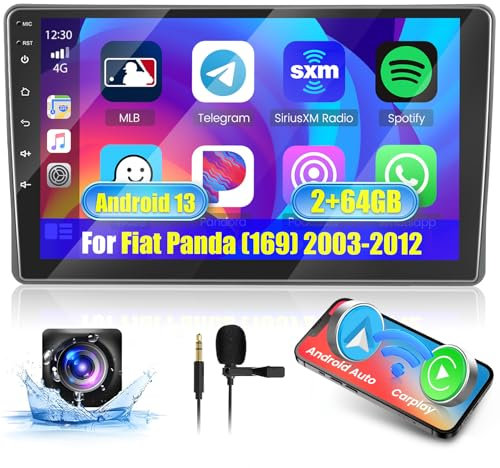 Hikity 2G+64G Carplay Autoradio per Fiat Panda (169) 2003-2012, Android 15, 9 Pollici Touch Schermo Stereo Auto con GPS WIFI Bluetooth Android Auto RDS FM DSP SWC+ MIC+Telecamera Posteriore