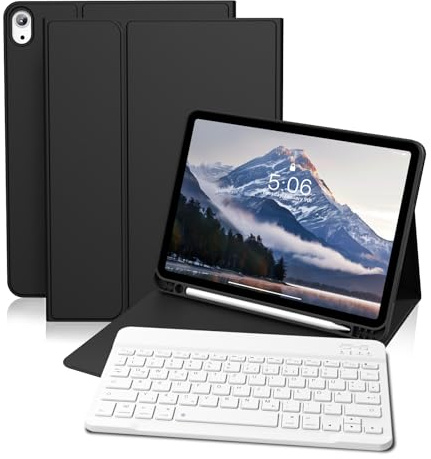 GKABXY Hülle mit Tastatur für iPad A16 11/10 Generation 2025/2022, 11/10.9 | Soft TPU Rückseite Gehäuse mit Stifthalter, Magnetische Abnehmbar Kabellose Bluetooth Tastatur, QWERTZ-Layout, Schwarz