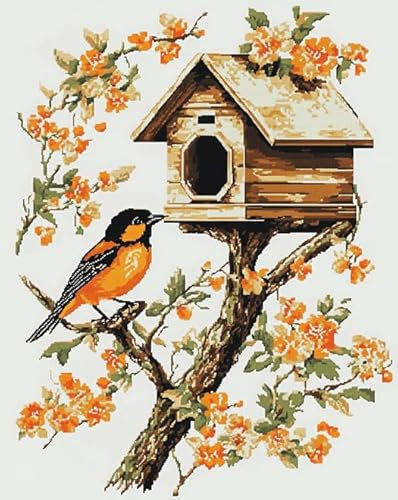 XDEGHUANGSS Kreuzstich Set Vorgedruckt,Vogelhaus im Baum,DIY-Kreuzstich-Ornament-Sets für Erwachsene und Anfänger,Sticksets für die Heimdekoration,40x50 cm