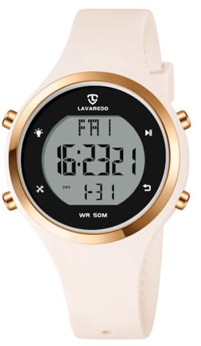 Timever Montre Femme Digitale avec Bracelet en Silicone,Alarme, Chronomètre,Date,Eclairage,Compte à rebours, Deuxième Fuseau horair,Snooze