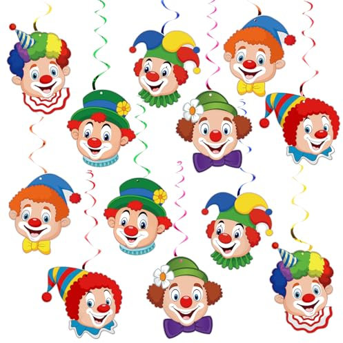 BETESSIN Clown Girlande für Karneval - 12 Spiral Girlanden mit Clown Motiv - Luftschlangen für Deckenhänger - Hängende Wirbel Dekoration für Fasching, Zirkus Deko