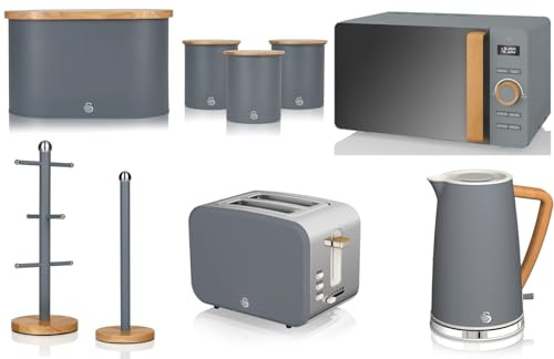 Swan Nordic Grey 1.7L Jug Kettle, 2 Slice Toaster, 800W 20L Microwave, Bread Bin, Canisters, Mug Tree & Towel Pole. Scandinavian Inspired Design Matching Kitchen Set of 9 in Slate Grey