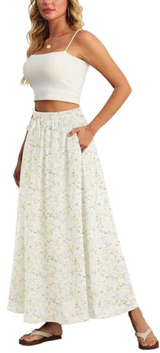 Ninee Damen Maxirock Faltenrock Sommer Hohe Taille Lässig Lange Röcke mit Taschen (Orange Flower Beige,Medium)