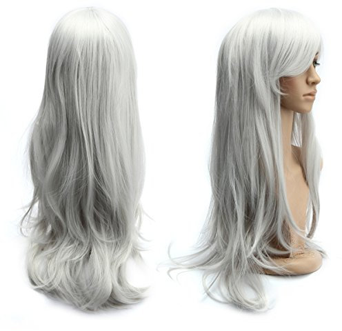 70cm Karneval Perücke Grau für Mädchen. Lang Voll Cosplay Karnevalsperücke Frau, Lockig Wellig Fashion Kostüme krause Damen Haarteil Wig für Alltag, Party, Halloween, Vika Mottopartie