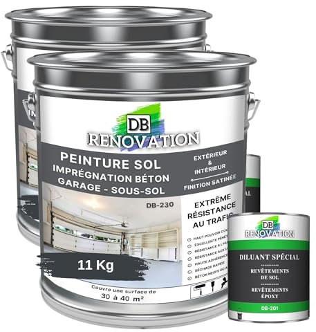 DB Rénovation PEINTURE SOL BETON Industriel - Garage, sous-sol - Extrême trafic intérieur, extérieur - Haute résistance - Gris anthracite - Kit 11KG + 1L Diluant