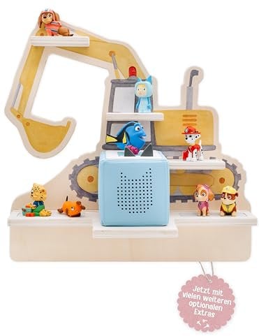 wunderwunsch Tonie Regal, Schrank Kinderzimmer, Toniebox Regal, Tonieshelf, Box, Tonieregal, optional mit Standfuß und Magneten (Bagger, ohne Name, mit Toniebox Halterung)