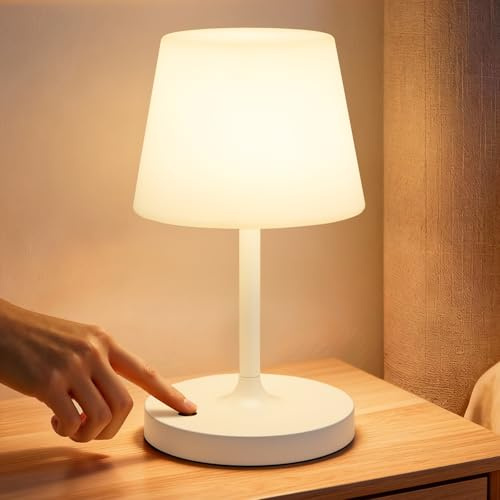 PreeOtti LED Tischlampe Kabellos, Nachttischlampe Touch, Touch Nachttischlampe Dimmbar mit Stufenlos Dimmbar & Memory Funktion, Tischlampe Kabellos Akku für Schlafzimmer, Café, Outdoor, Weiß