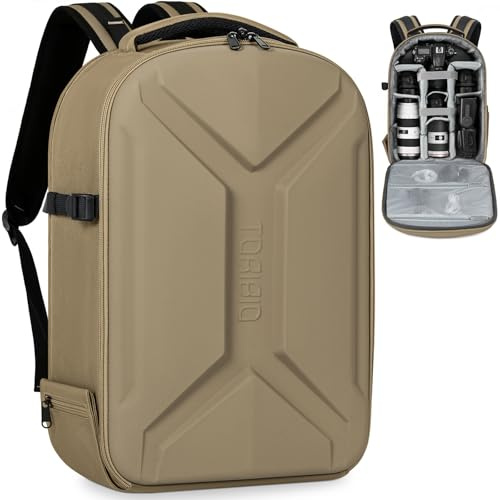 FREEAMG Hardshell Camera Backpack, Tripod Holder, Water-Resistant (Khaki) | Photography Backpack, Laptop Compartment, Water-Resistant, Customisable Interior Dividers, Compatible with Canon/Nikon/Sony