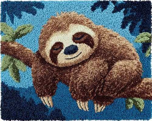 Taxpy Knüpfteppich Für Kinder Und Erwachsene Zum Selber Knüpfen,Cartoon Süße Faultier Schläft Auf Ast 52X38Cm Diy Knüpfsets Kreuzstich Teppich Set Mit Werkzeug Latch Hook Kit Child Rug Animal