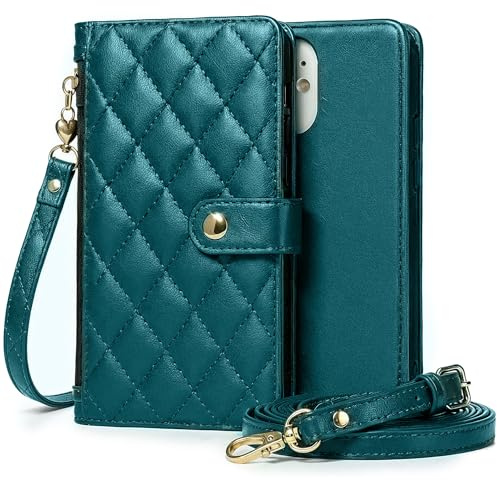 Moozy Valentelle Hülle für iPhone 16 Pro (6.3”) Stoßfeste, Handykette und Handytasche zum Umhängen, Geldbörse mit Kartenfach mit Band für Damen, Universal Case mit Schnur, Dunkelgrün