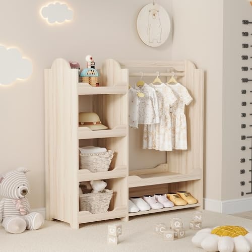 Aunvla Kindergarderobe/Kinderkleiderschrank mit Kleiderstange & 4 Regalen, Aufbewahrung für Kinderzimmer, Standgarderobe Naturholz, 110 * 39 * 110 cm
