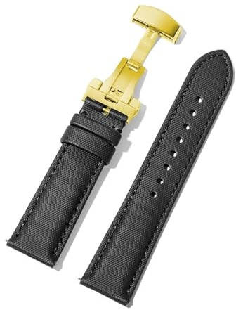 Rimmean 1 Stück GT 3/4 Tropic Segeltuch-Leder-Uhrenarmband mit Schmetterlingsschließe(Black-Gold Buckle,20mm)