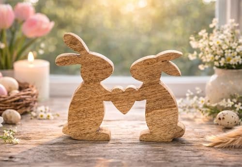 KAMACA Holzhasen Paar mit Herz – Osterdeko aus Naturholz 17 cm – Frühlingsdeko für Tisch & Fensterbank – rutschfest – Nur Dekoartikel für Innenbereich