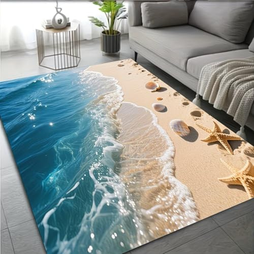 SOJAWA 3D Optik Teppich 120x180cm, Strand Meer Design, Rutschfester Waschbarer Weicher Kurzflor Teppich Mit Muscheln & Seesternen Für Schlafzimmer Flur Kinderzimmer Wohnzimmer
