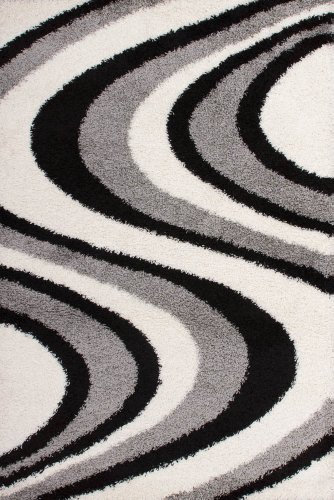 Lalee 347186723 Designer Hochflor Shaggy Teppich Weich Muster Wellen Größe 120 x 170 cm, Silber/schwarz