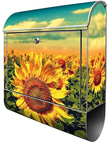 banjado® Design Briefkasten mit Sonnenblumen 38,5x46,5x13cm & 2 Schlüssel - Briefkasten Stahl Silber mit Zeitungsfach pulverbeschichtet - Postkasten A4 Einwurf inkl. Montagematerial
