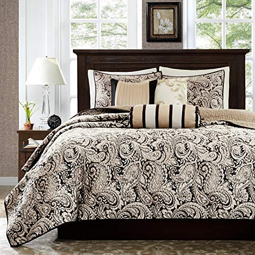 Madison Park Traditional Damask Jacquard Paisley Black King Quilt Set, 6pc