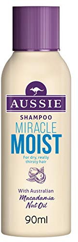 Aussie Miracle Moist Shampoo, Moisture-Quenching Formula For Dry & Damaged Hair, Replenishes Brittle Hair, With Macadamia Nut Oil, Cruelty Free, 100% Recycled Plastic Bottle, 90ml