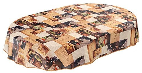 Wachstuchtischdecke abwaschbar Garten Tischdecke Wachstuch Rund Oval Eckig Indoor Outdoor Wein Weintrauben Home Holz Oval 280x140cm mit Saum - Eingefasst