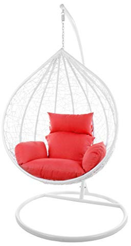 KIDEO Komplettset: großer Hängesessel mit Gestell & Kissen, Korbsessel, Poly-Rattan (Korb & Gestell: weiß, Kissen: rot Nest (3050 Scarlet))