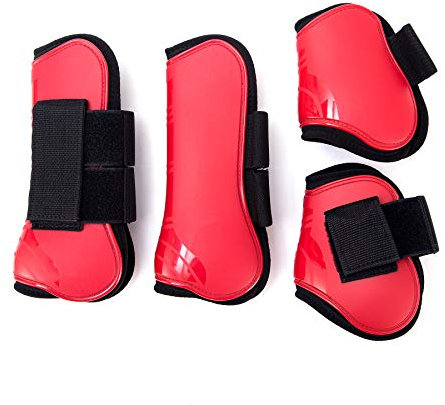 Merauno® Gamaschen Pferde 4er Set Gamaschen Paar für vorne hinter Hartschale und Klettverschluss für Damen& Herren PU Robust Elastisch Tendon Boots Classic (S(Pony), Rot)