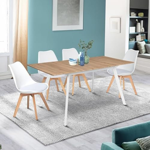 IDMarket – Mesa escandinava Extensible Rectangular Inga 4-6 Personas, Bandeja Madera, Patas Blancas, 120-160 cm