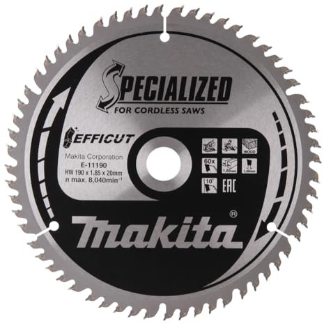 Makita E-11190 EFFICUT Kreissägeblatt Ø 190 x 1,85 x 20 mm, 60 Zähne, 10° Zahnwinkel, für saubere und schnelle Schitte in Holz, für Akku-Kapp- und Gehrungssägen
